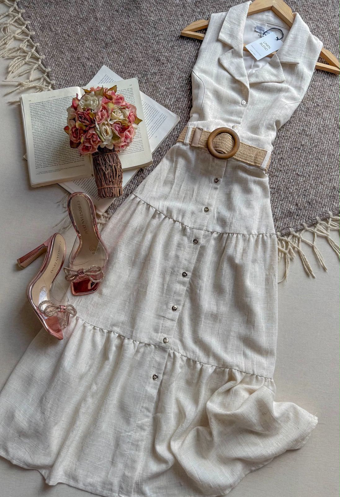 Vestido Beige Haute Monde Midi Sin Manga Cinto Organico